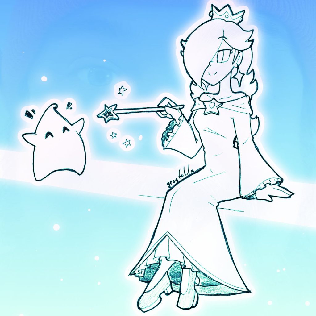 A drawing of Rosalina and Luna from the Super Mario Galaxy games