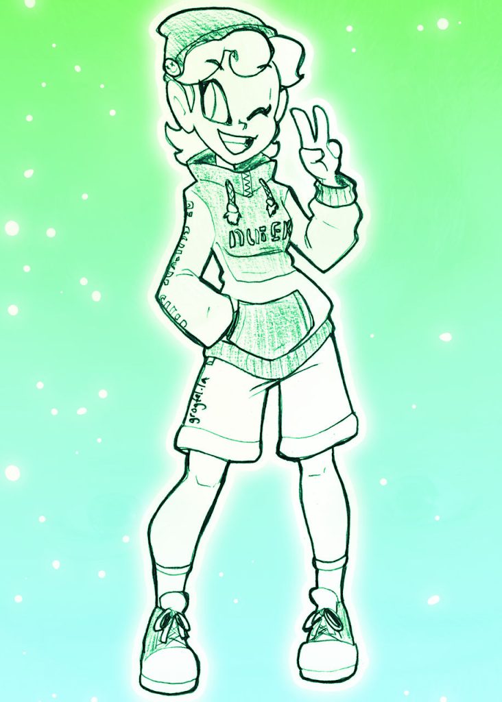 A drawing of an Octoling woman from the Splatoon game series, wearing a hooded jacket and shorts