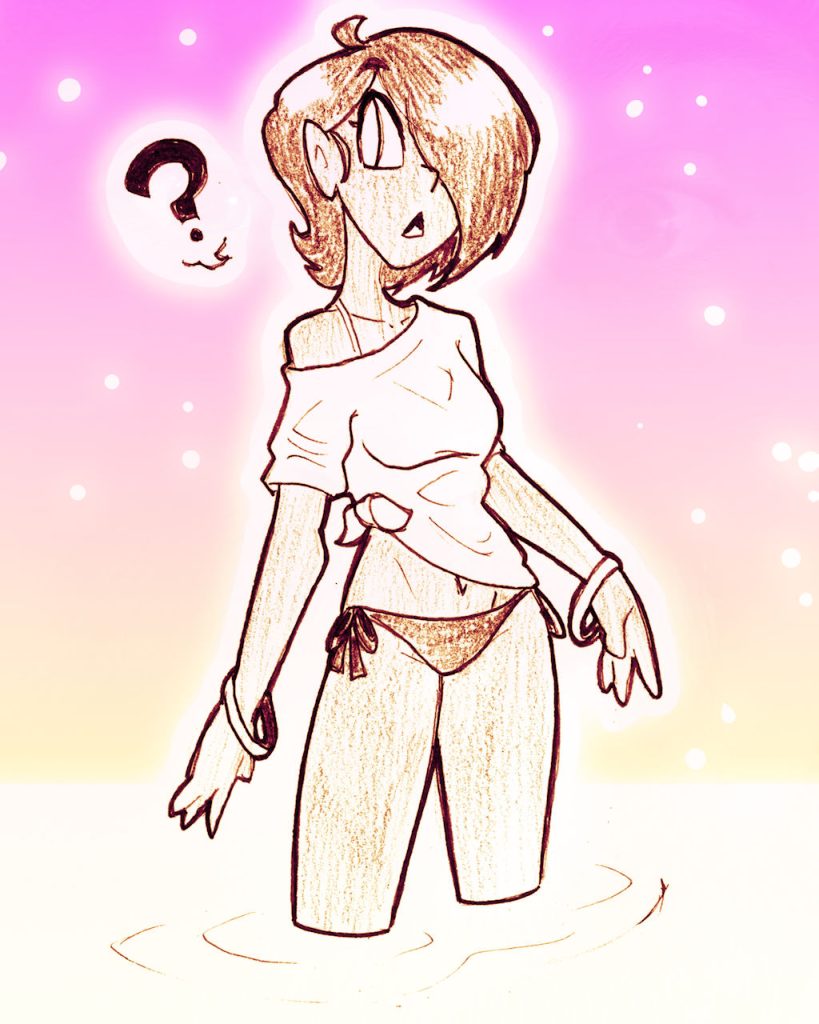 A drawing of a woman wearing a t-shirt and bikini bottoms, wading in thigh-deep water