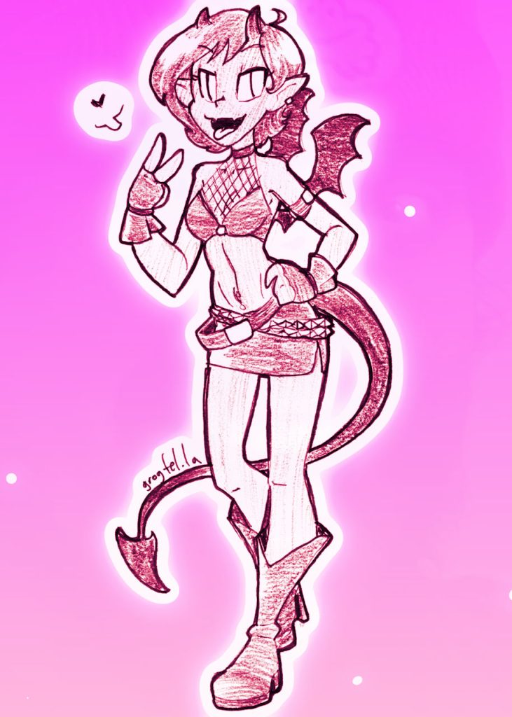 A drawing of a demon girl sticking her tongue out