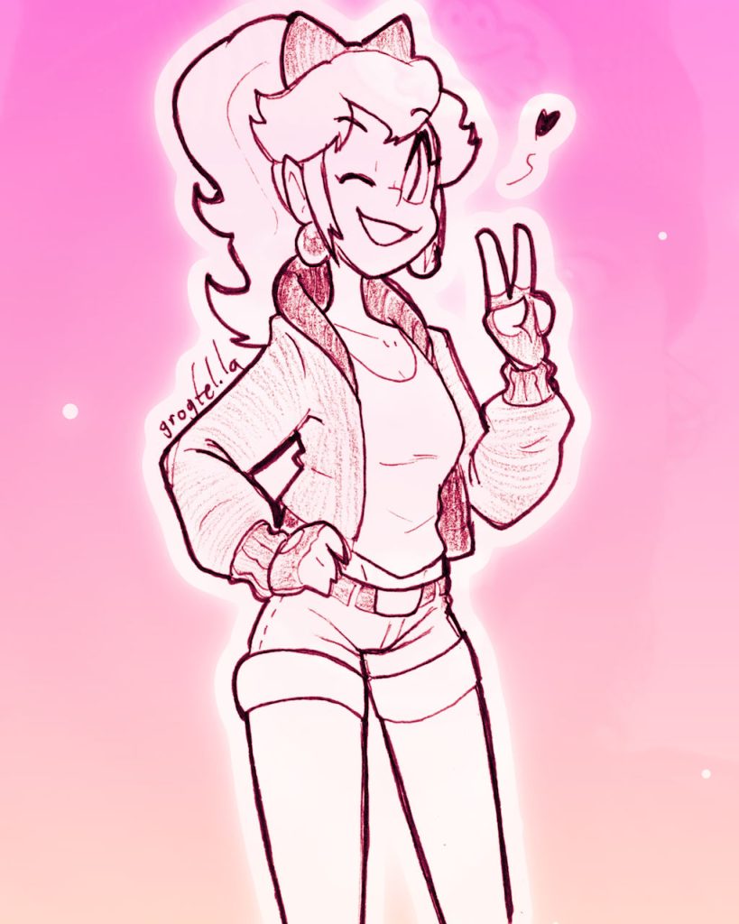 A drawing of Princess Peach wearing short shorts and a bomber jacket