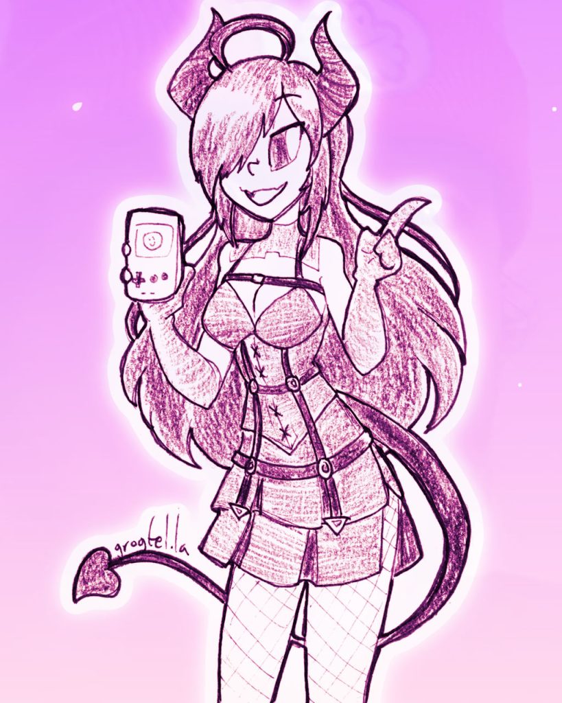 A drawing of the Vtuber Zarithya holding a Game Boy in her hand