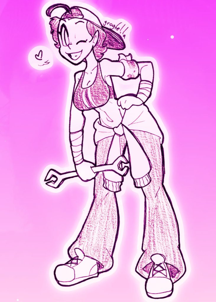 A drawing of a mechanic woman holding a wrench and bending down