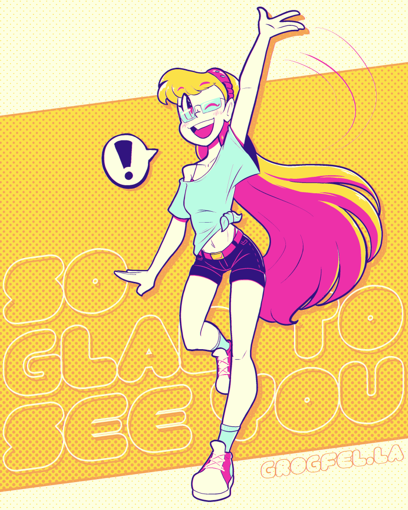 A digital drawing of my original character Perpsicory, waving to the viewer. The text behind her says "SO GLAD TO SEE YOU"
