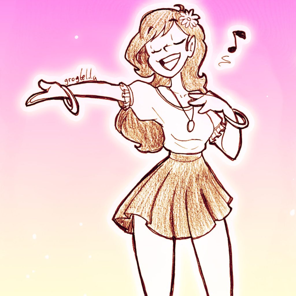 A drawing of a woman singing