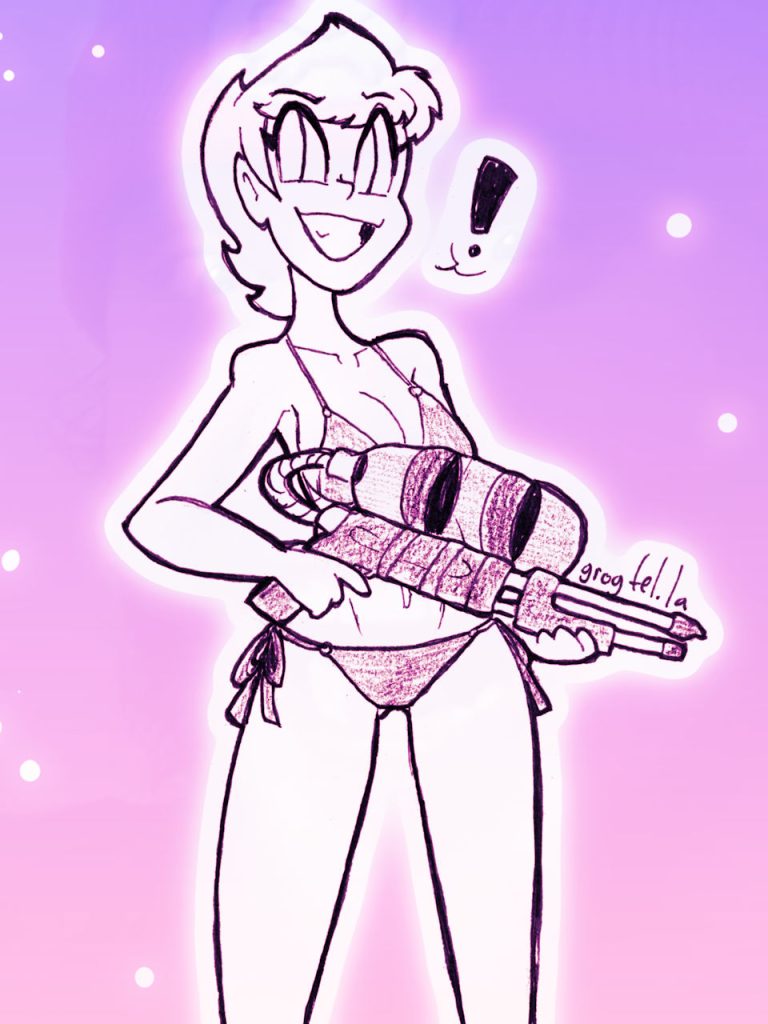 My original character Celadore wearing a bikini and holding a water gun