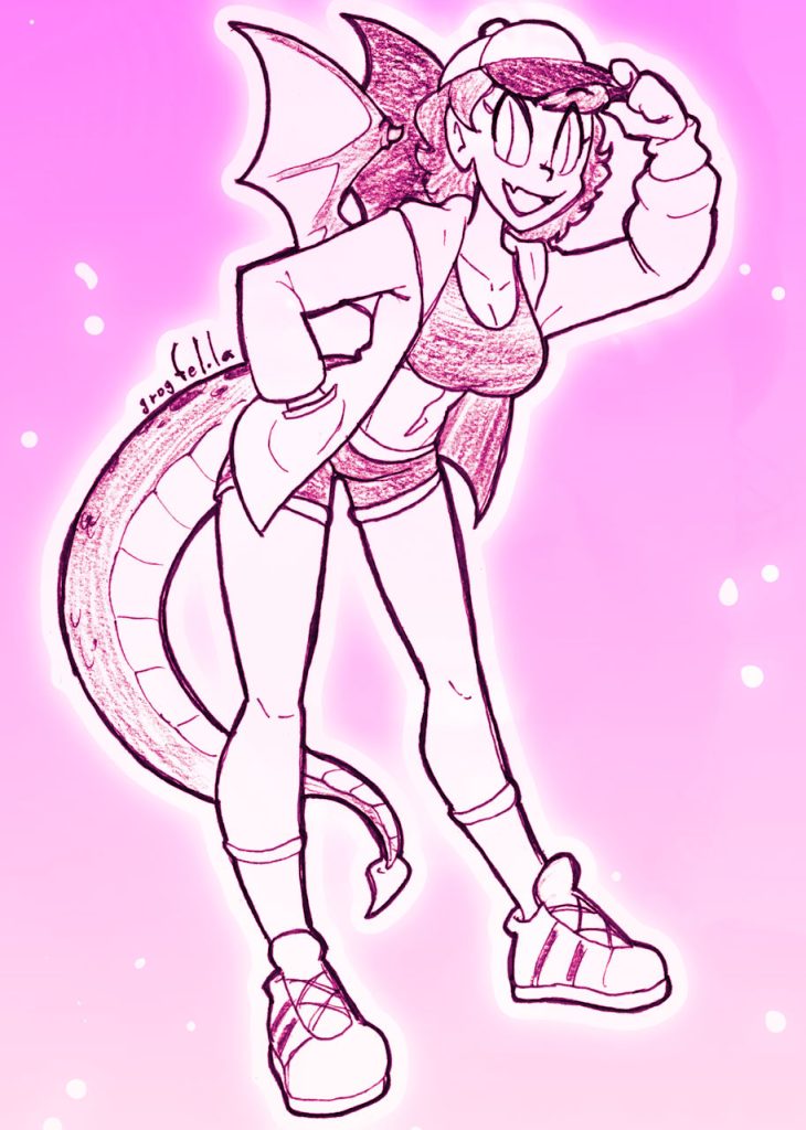 A drawing of a woman with dragon wings and a tail, wearing sporty clothes