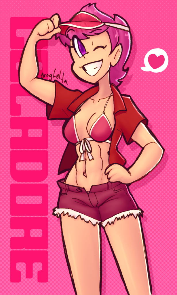 A colored drawing of my original character Celadore, wearing a bikini top, collared shirt, short shorts and a red visor