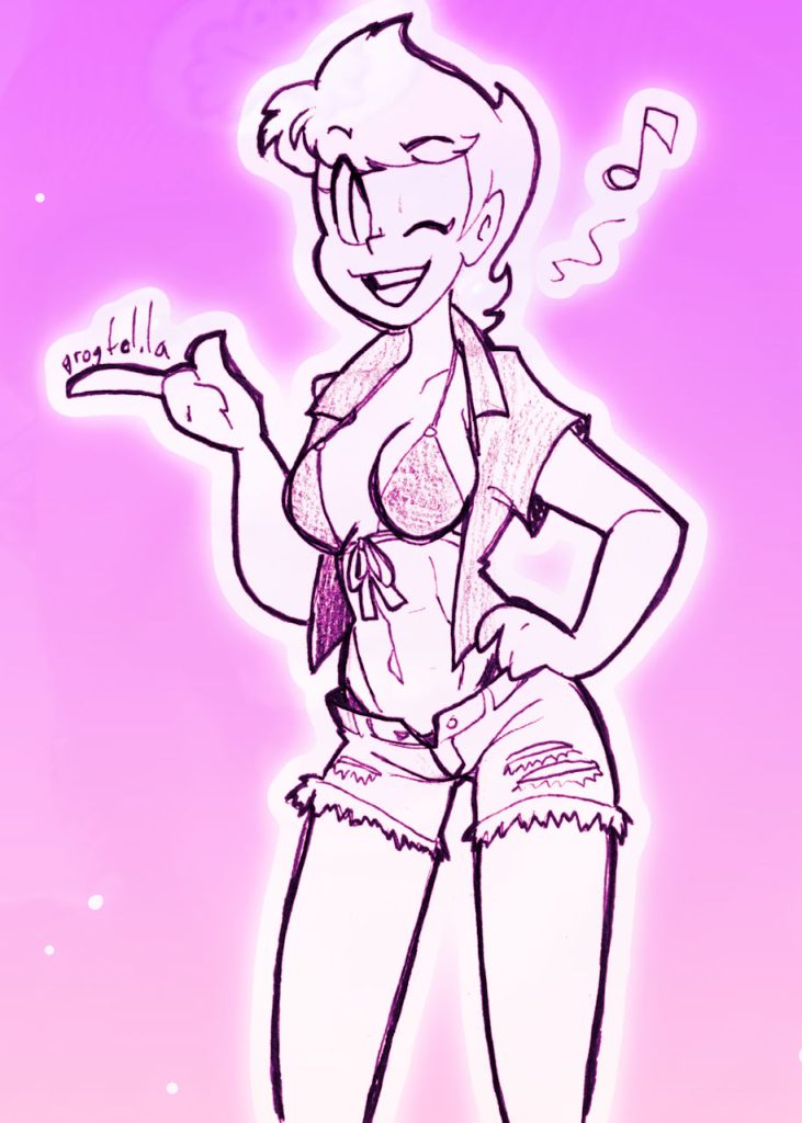 My original character Celadore, wearing a bikini top, short shorts and a Hawaiian shirt