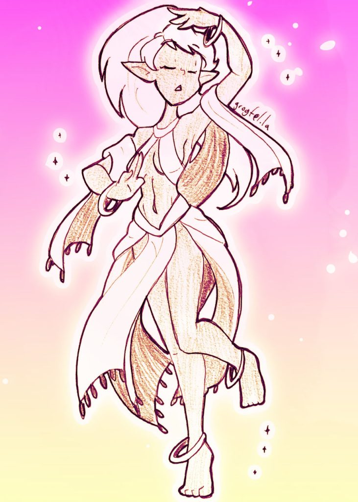 A drawing of a female elf dancing