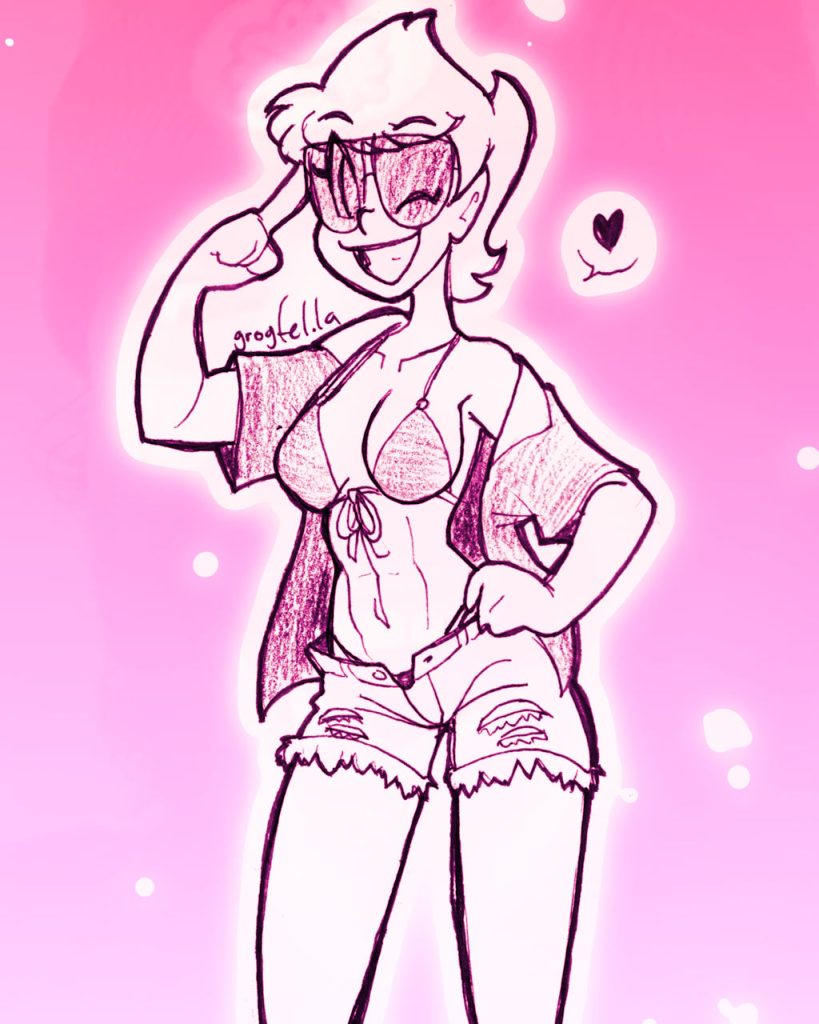 My original character Celadore, wearing a bikini top, short shorts, a loose open shirt and sunglasses