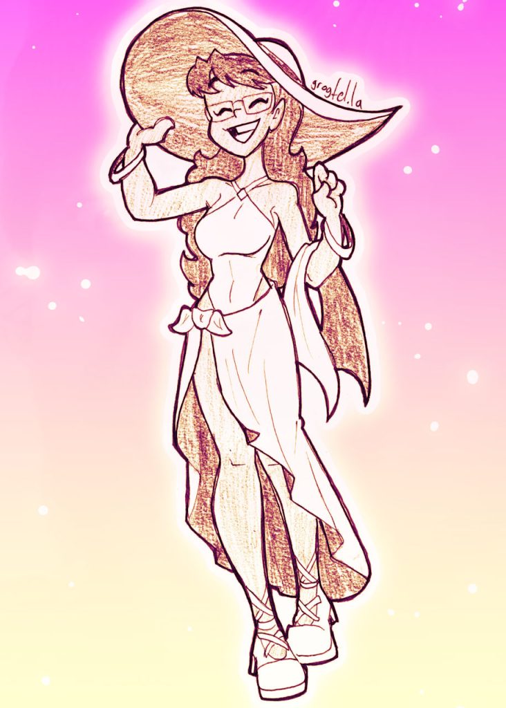 My original character Cleo, wearing a swimsuit with a wide-brimmed hat and a skirt tied around her waist