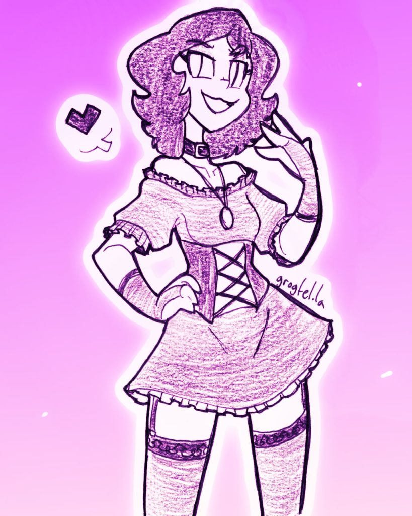 My original character Madelyn wearing a dress, a choker, gloves and thigh-high stockings with a garter belt