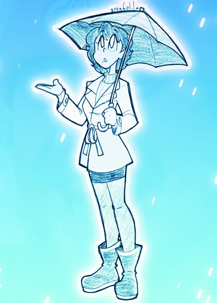 A drawing of a woman in a raincoat, holding an umbrella