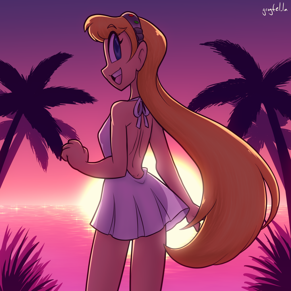 A digital drawing of my original character Perpsicory, wearing a dress in front of a sunset