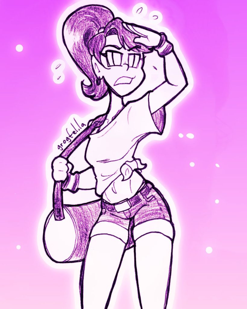 A drawing of a woman holding a duffel bag, looking around and squinting