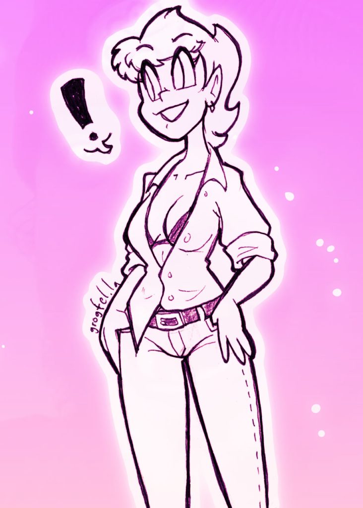 My original character Celadore, wearing jeans and a button-down shirt exposing her bra