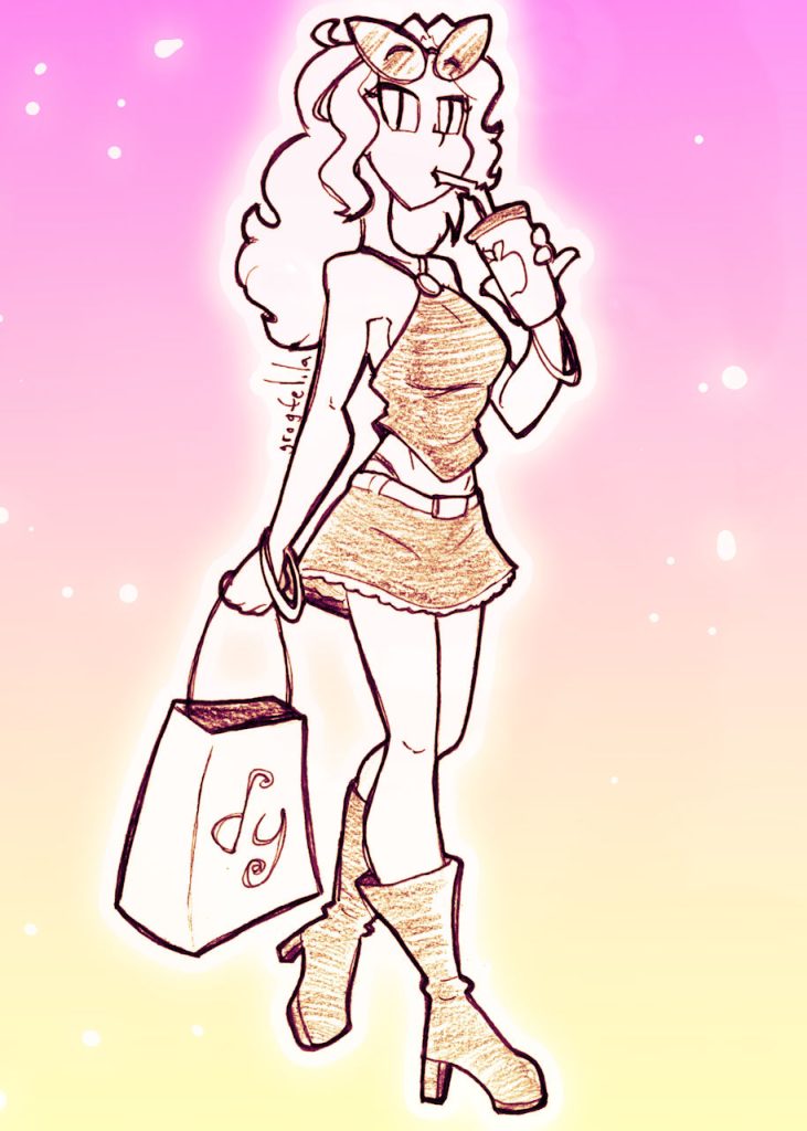 A drawing of a woman holding a shopping bag and drinking a smoothie