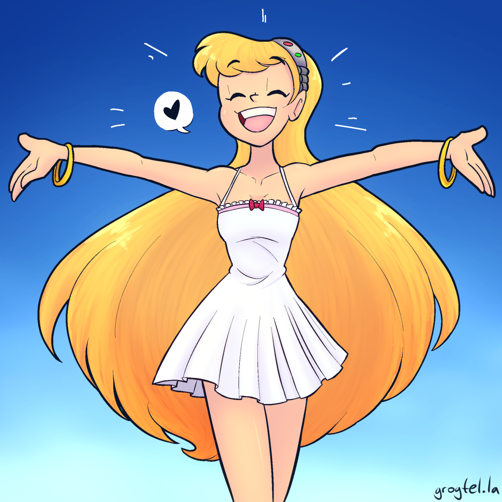 My original character Perpsicory, wearing a sundress and reaching towards the viewer with open arms and a smile