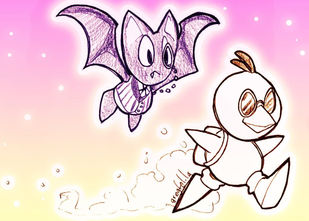 A drawing of a little bird with sunglasses and a backpack running fast, being followed by a bat wearing a vest and a monocle