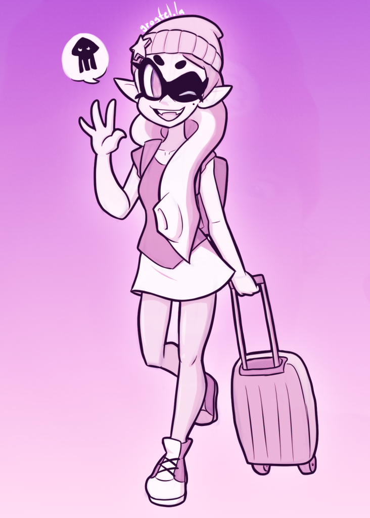 A drawing of Callie from Splatoon, wearing casual clothes and dragging a suitcase along