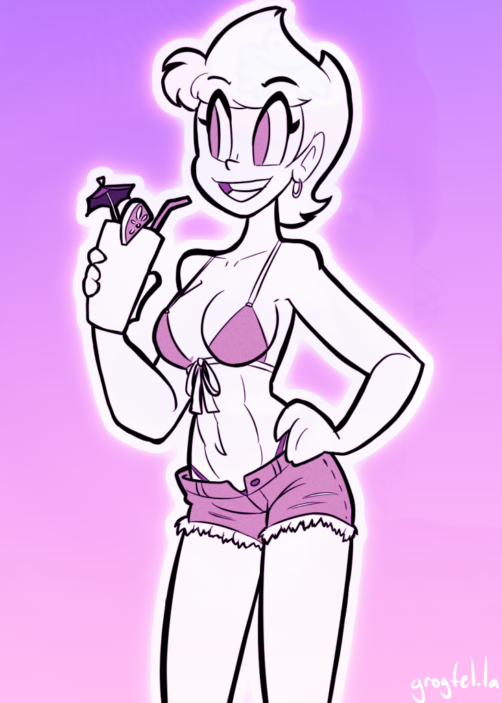 My original character Celadore, wearing short shorts and a bikini top and holding an umbrella drink in her hand