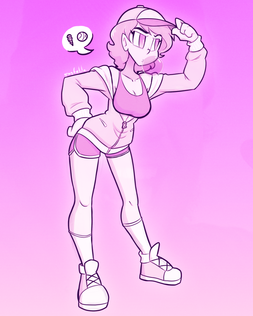 A drawing of a woman in sporty clothes leaning forward and blowing bubble gum