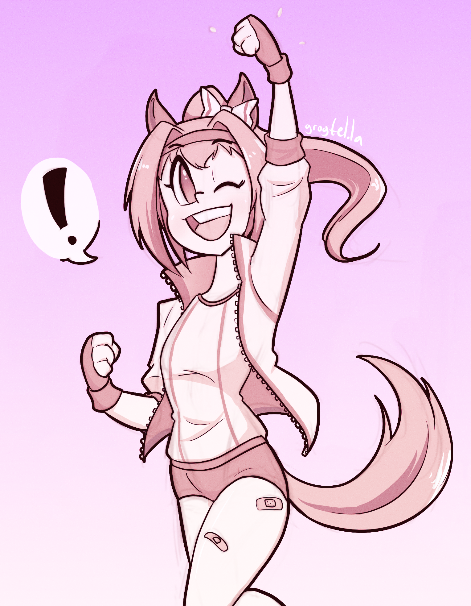 A digital drawing of Haru Urara from Umamusume, throwing her fist up in the air