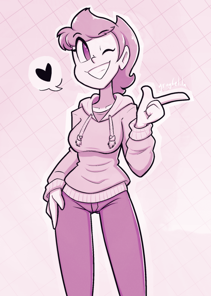 My original character Celadore in a hoodie and jeans, pointing and winking