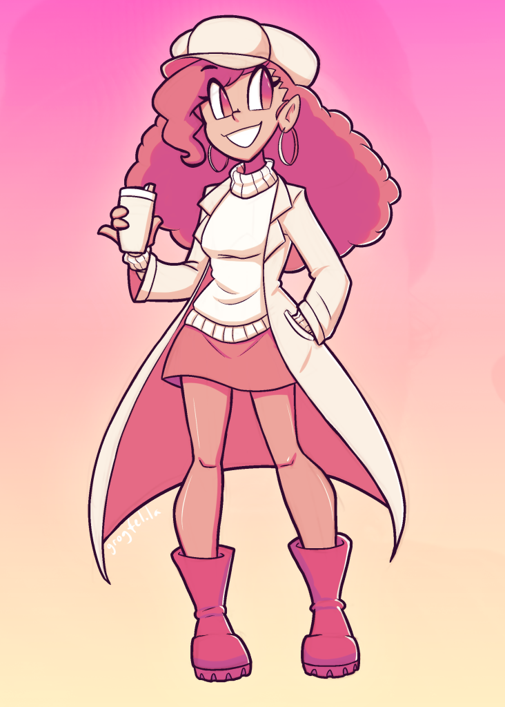 A drawing of a woman with a poofy hat, a sweater, a short skirt and a long jacket, holding a takeout cup in her hand