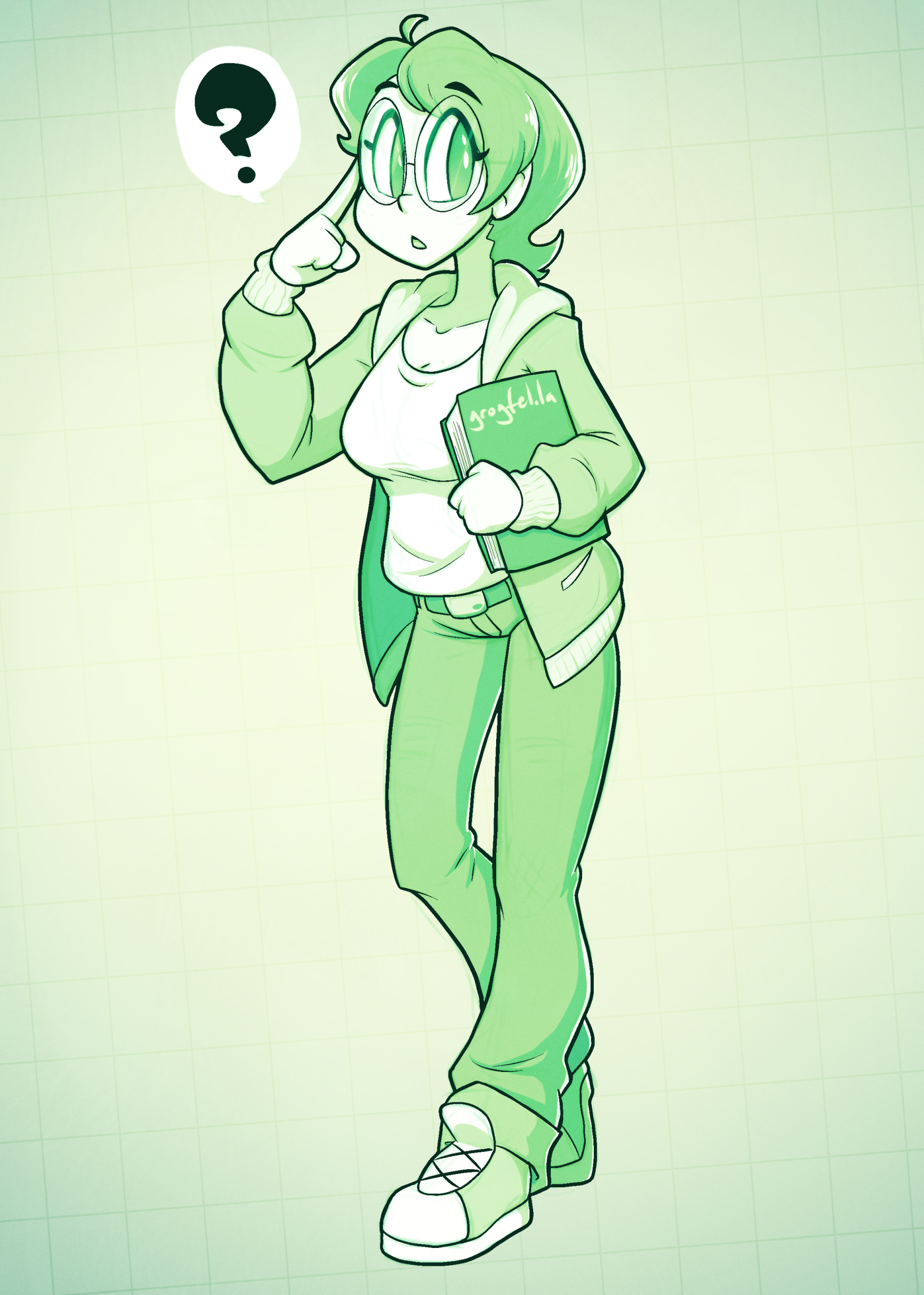 A drawing of a woman in a hoodie and jeans, holding a book in her arms and pushing her glasses up