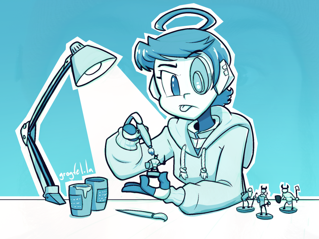 My original character Aoyama painting model figurines, next to a desk lamp, some opened paint cans and already-painted figurines