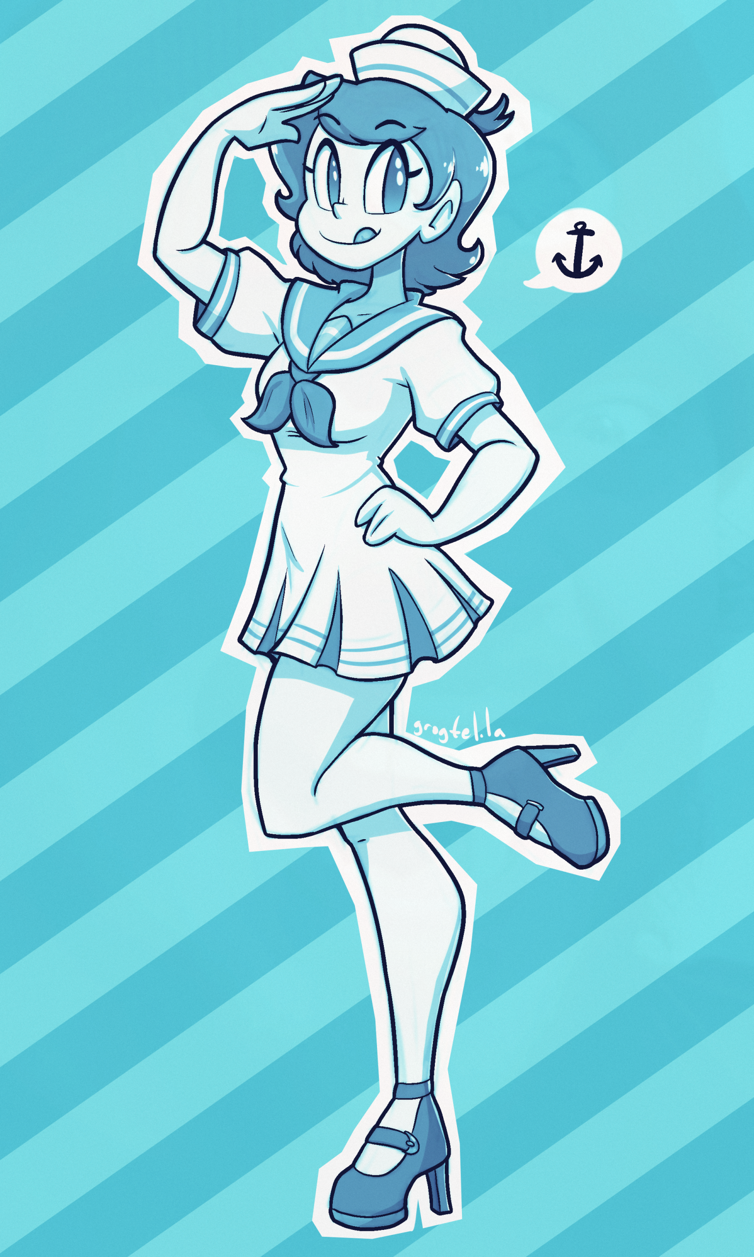 A drawing of a woman in a sailor dress saluting