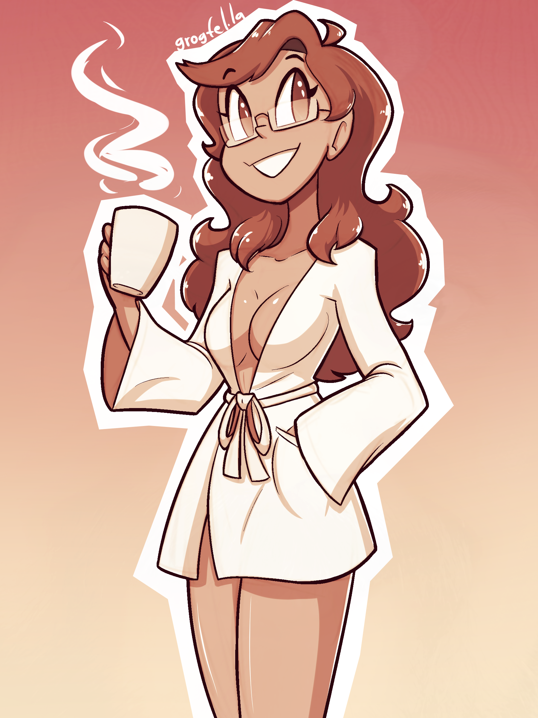 My original character Cleo wearing a bathrobe and holding a cup of coffee in her hand
