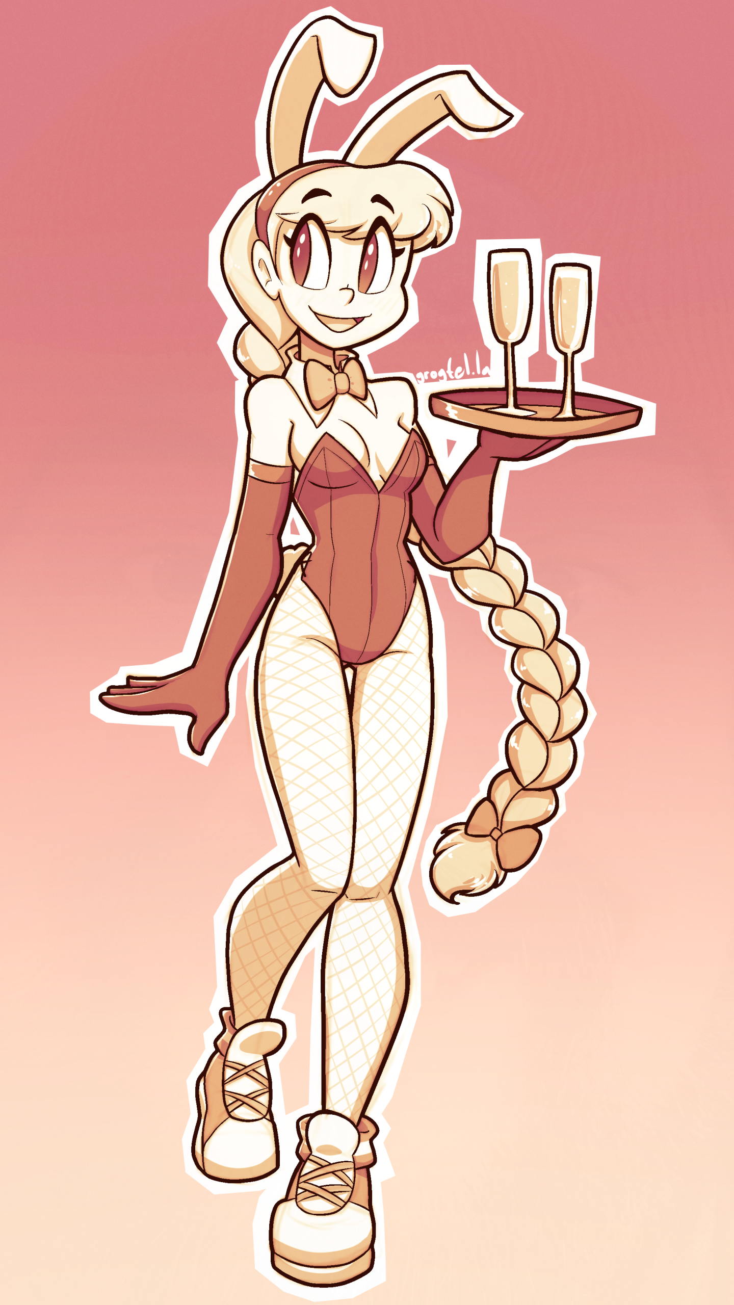 My original character Perpsicory, wearing a bunny suit and holding a tray with two glasses of sparkling wine