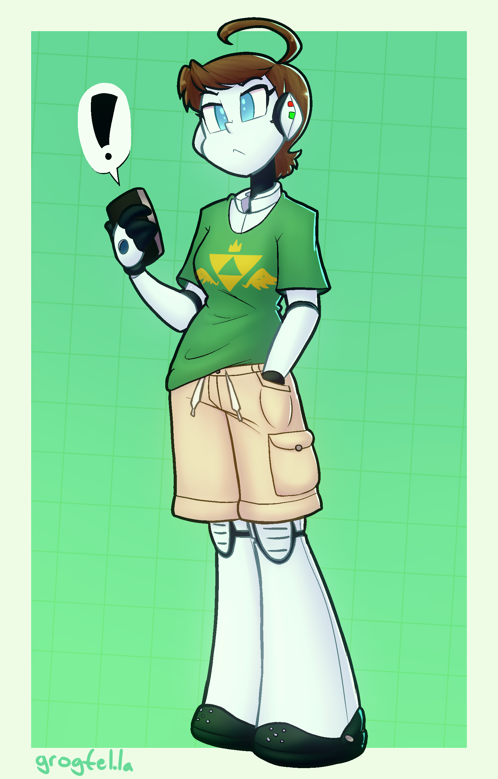 My original character Aoyama wearing cargo shorts, a green shirt with a triangle shape on it, and sandals. She's looking at her phone.