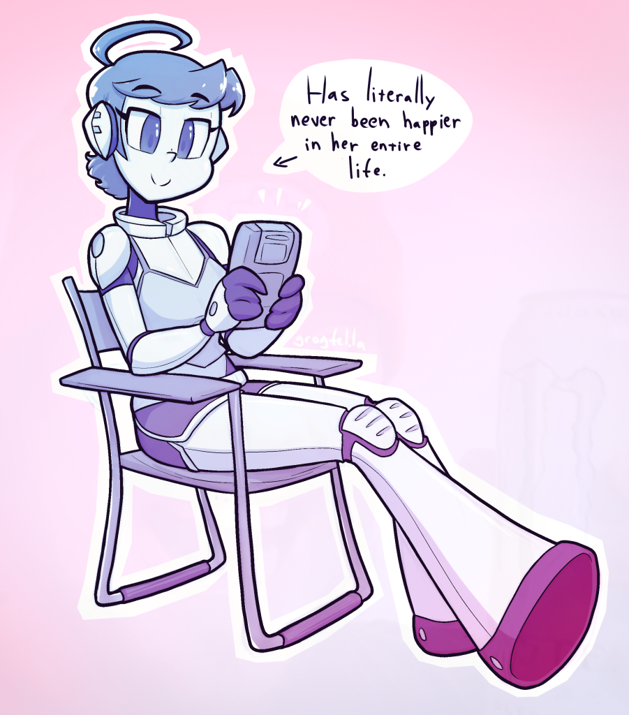 My original character Aoyama, sitting on a folding chair playing a portable game console, looking happy. There is a bubble pointing to her which reads "Has literally never been happier in her entire life."