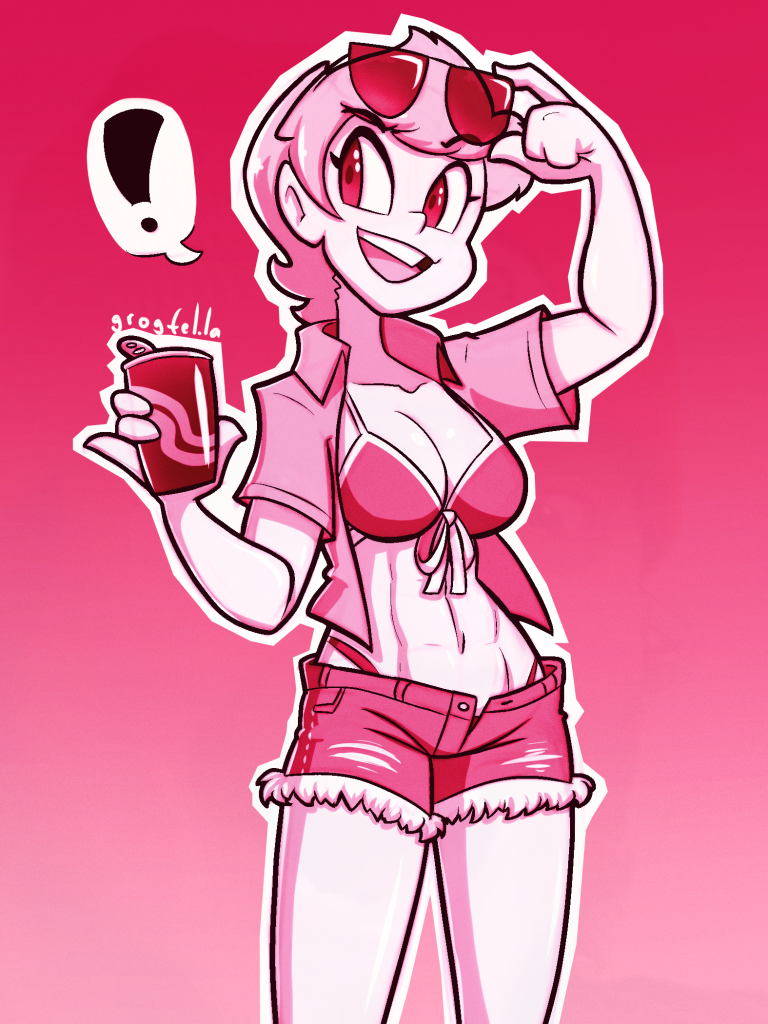 My original character Celadore, wearing a bikini top, short shorts and a collared shirt, lifting up her sunglasses and raising her drink.