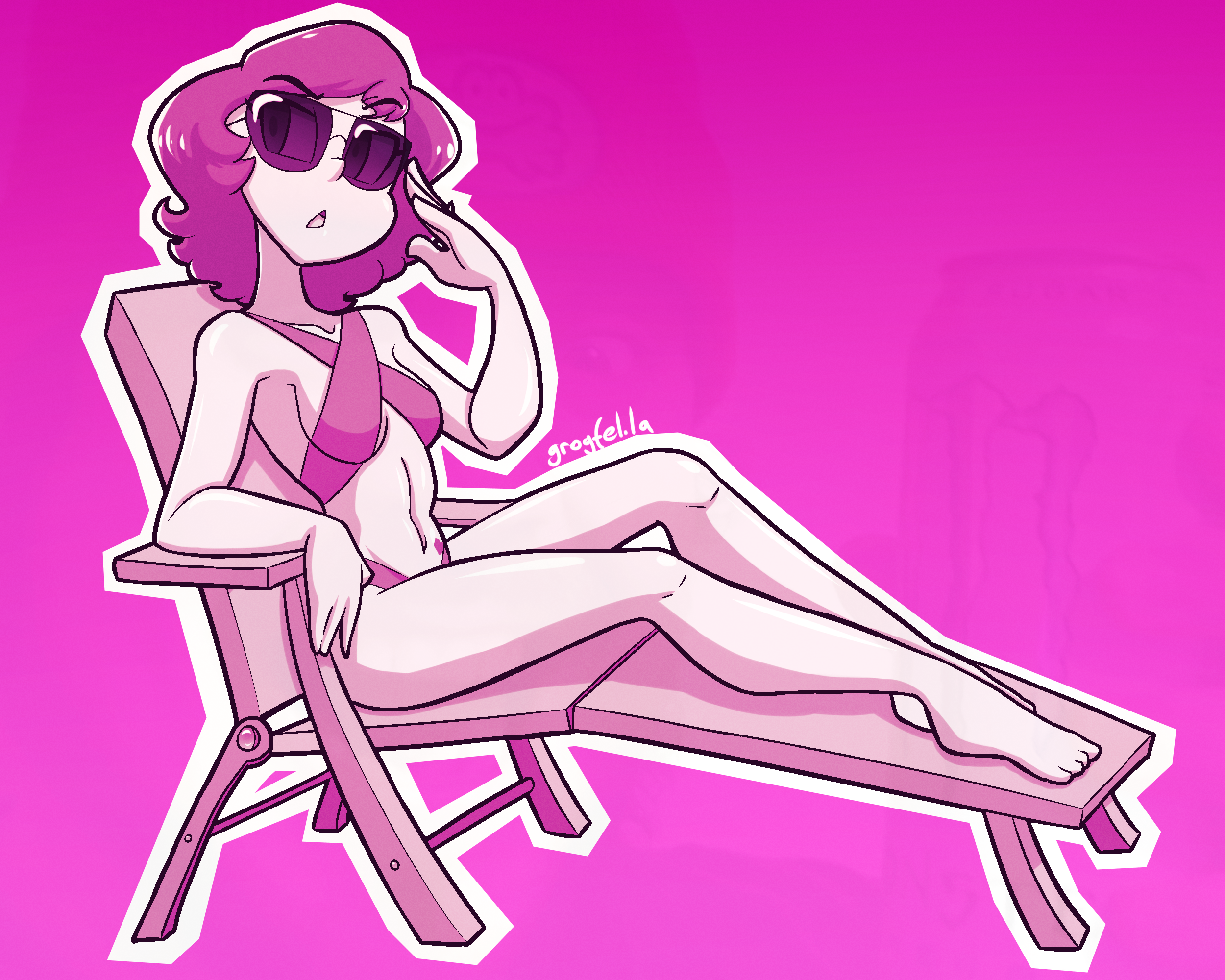 My original character Madelyn, wearing a bikini and reclining on a deck chair, adjusting her sunglasses
