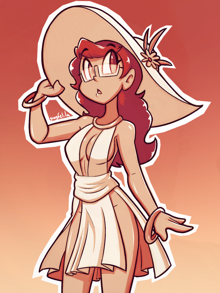 My original character Cleo, in a sunhat and white dress