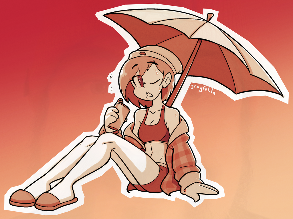 A drawing of a woman wearing flannel and a beanie, with sporty underwear underneath. She is sitting in the shade of an umbrella and sweating, with a drink in her hand.