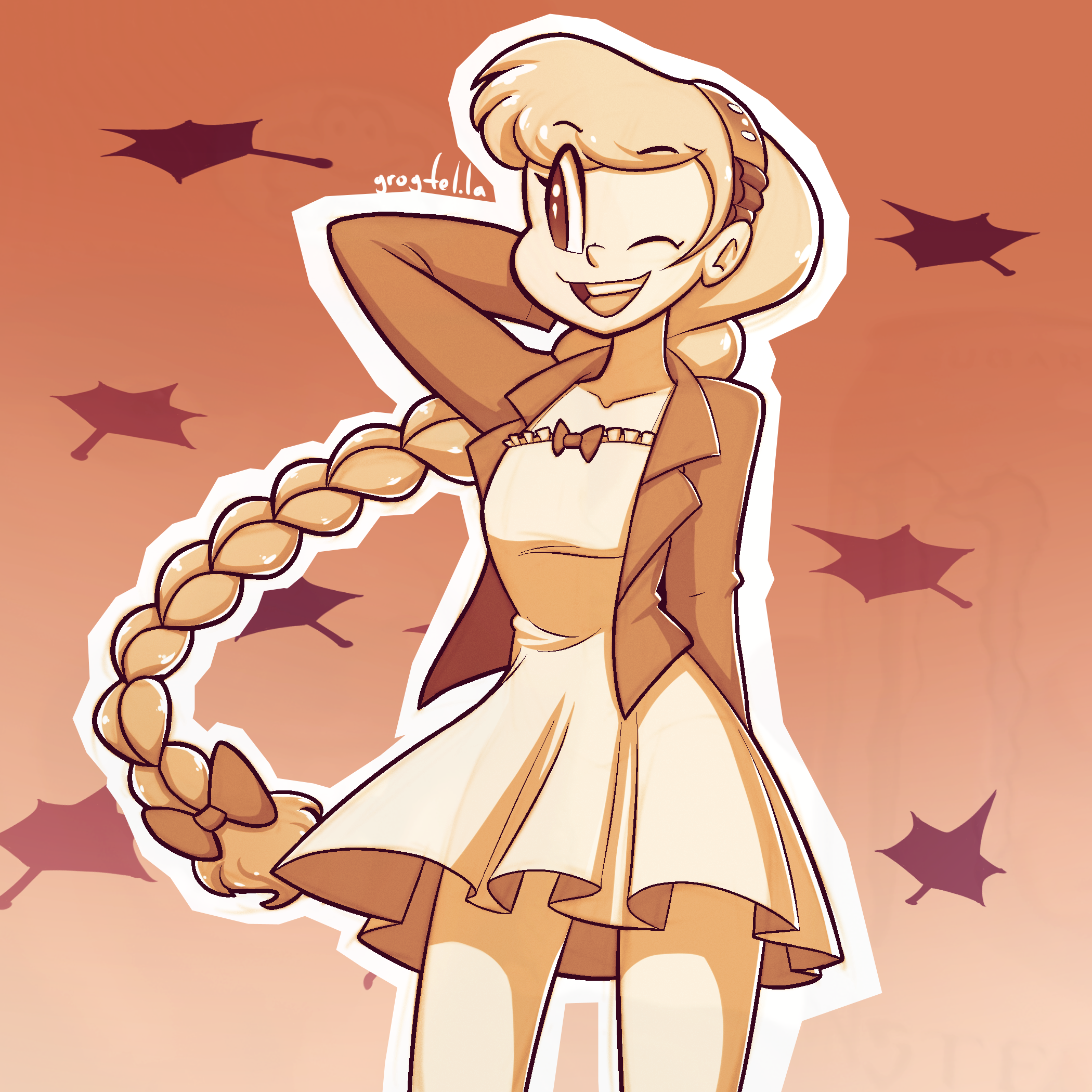 My original character Perpsicory, wearing a dress with a short jacket over it. Her hair and the hem of her dress are blowing in the wind, and maple leaves are flying behind her.