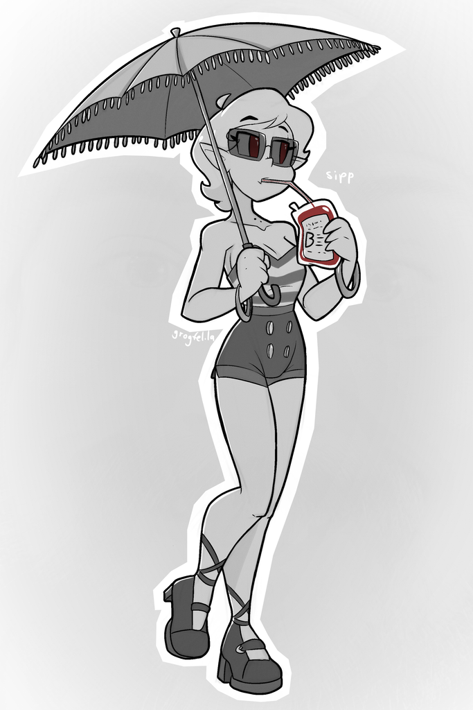A drawing of a vampire woman wearing a bathing costume and sunglasses, protecting herself from the sun with a parasol and drinking from a blood bag