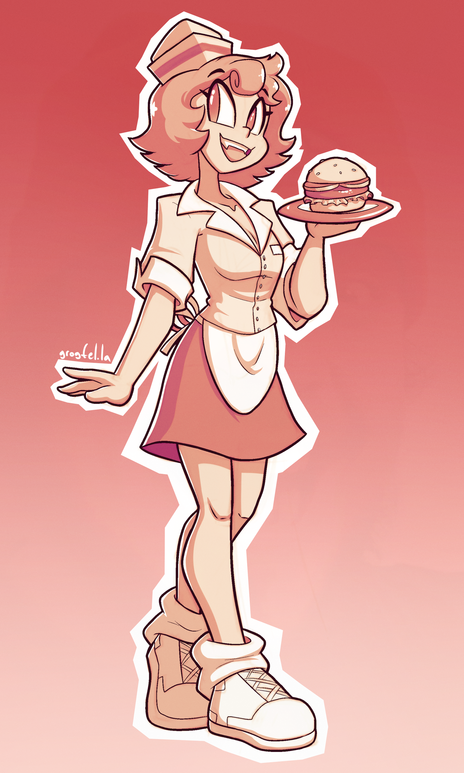 Decon Theed's Splatoon OC Silmat, dressed as a diner waitress. She is holding a burger on a plate in her left hand.